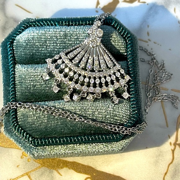 Fan shaped silver S925 stamped paved AAA CZ necklace - Picture 2 of 4